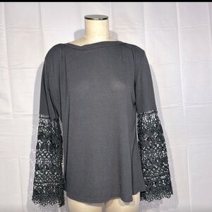 Amaryllis Crochet Sleeve Boho Blouse Plus Size 3X Grey